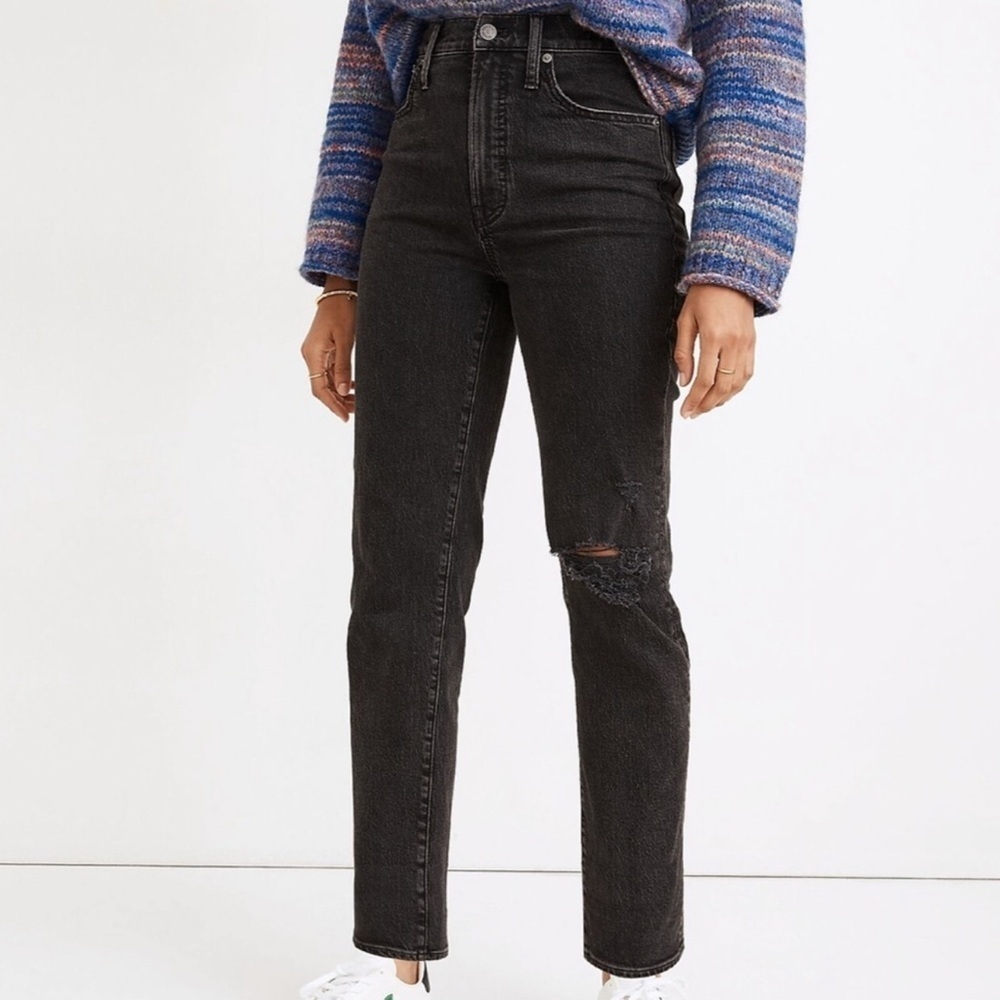 Madewell The Mid-Rise Perfect Vintage Straight Jeans Black Rosella Ripped
